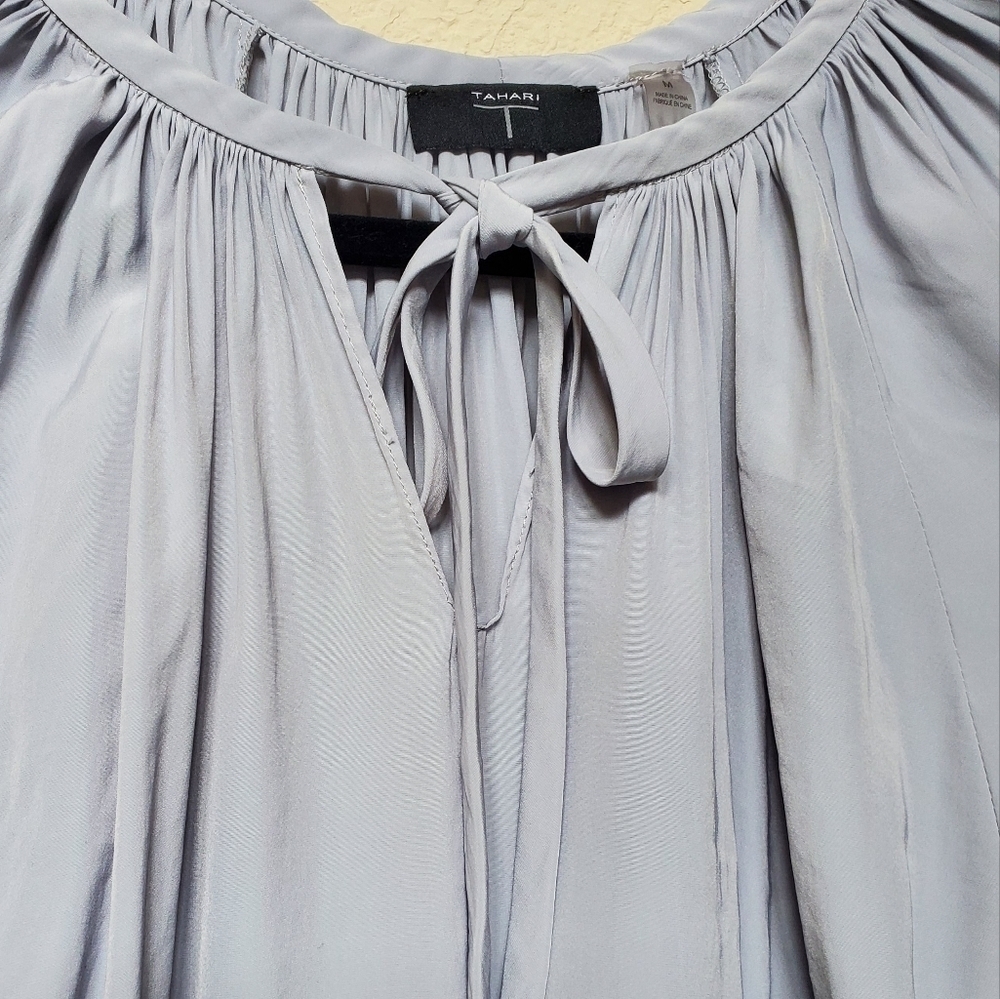 Tahari Women's Gray Blouse Gathered Neck Loose Fit Size M